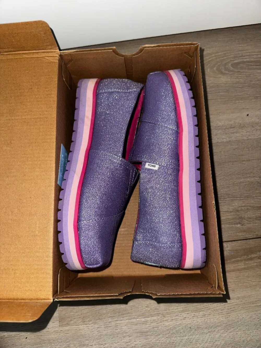 TOMS Platform Slip On Shoes Purple Glimmer Youth 5.5 Worn Once with Original Box